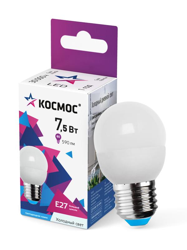 лампа светодиодная 7.5вт шар 6500к холод. бел. e27 220в космос lkecled7.5wgl45e2765 от BTSprom.by