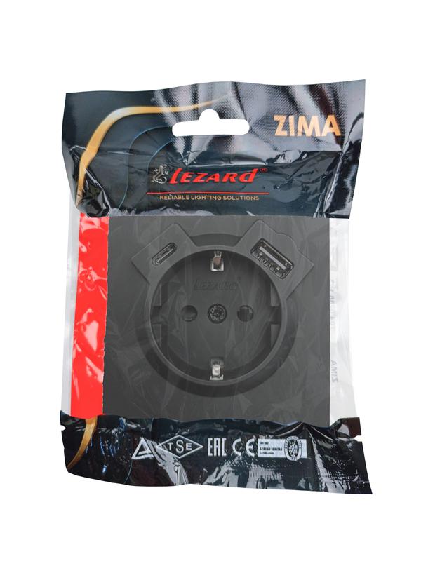  Розетка 1-мест. с/з Type-C+USB разъем СП ZIMA IP20 черн. бархат LEZARD 704-4288-181TC фото в каталоге от BTSprom.by