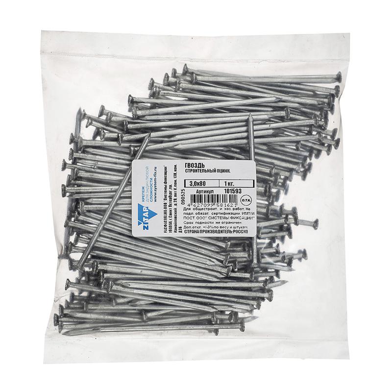 гвоздь строительный 3х80 оцинк. (уп.1кг) tech-krep/zitar 101593 от BTSprom.by