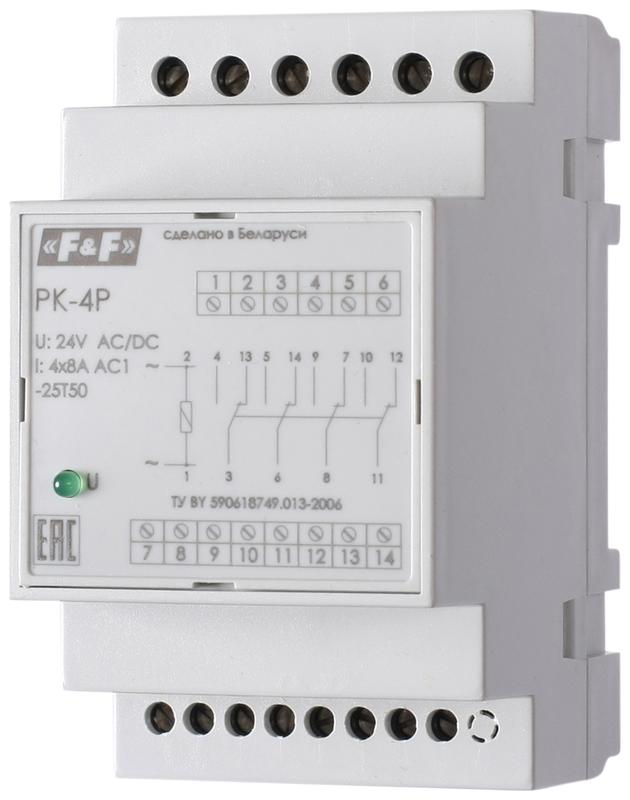 реле промежуточное pk-4p (монтаж на din-рейке 35мм 220в 50гц 4х8а 4 перекл.) f&f ea06.001.026 от BTSprom.by