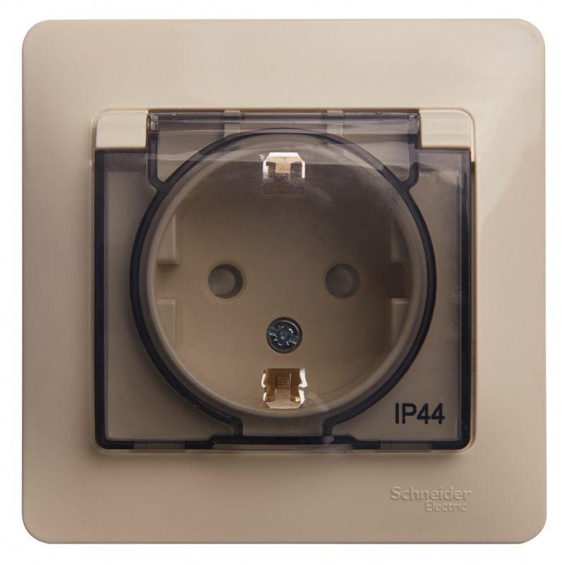  Розетка 1-м СП Glossa 16А IP44 с заземл. защ. шторки с крышкой в сборе беж. SE GSL000248 фото в каталоге от BTSprom.by