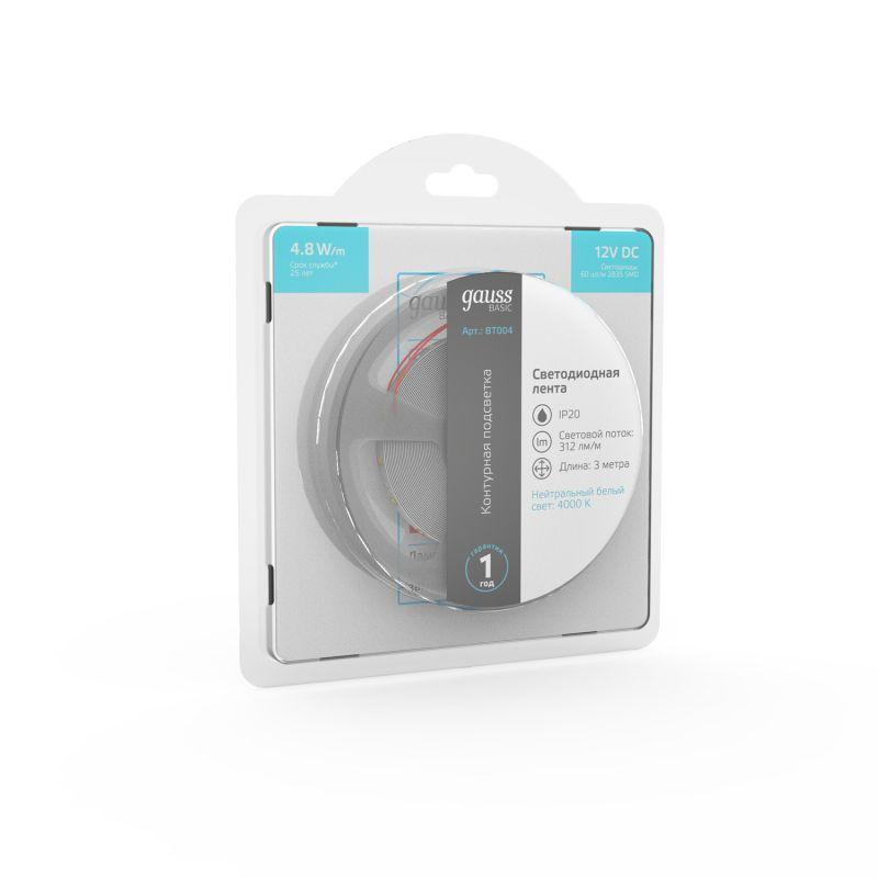  Лента светодиодная Basic 2835/60-SMD 4.8Вт/м 4000К нейтр. бел. IP20 312лм/м 12В 8мм (уп.3м) GAUSS BT004 фото в каталоге от BTSprom.by