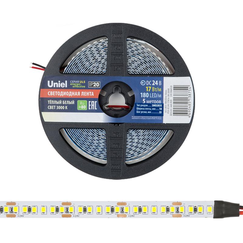 лента светодиодная uls-2835-180led/m-10mm-ip20-dc24v-17w/m-5m-3000k 17вт/м 180led/м 3000к тепл. бел. ip20 24в dc 10мм гибкая на самоклеящейся основе герметичн. упак. (уп.5м) uniel ul-00007642 от BTSprom.by
