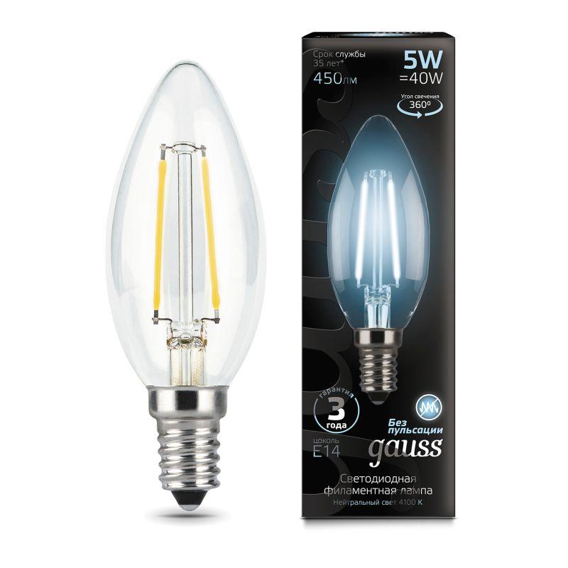 лампа светодиодная филаментная black filament 5вт свеча 4100к нейтр. бел. e14 450лм gauss 103801205 от BTSprom.by