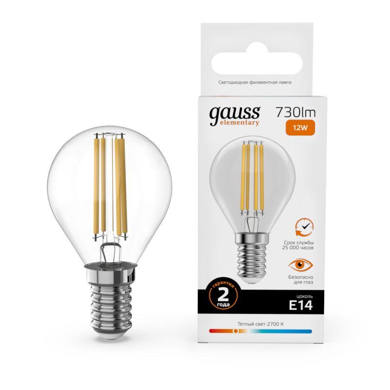 лампа светодиодная филаментная filament elementary 12вт шар 2700к е14 730лм gauss 52112 от BTSprom.by