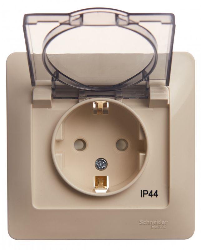  Розетка 1-м СП Glossa 16А IP44 с заземл. защ. шторки с крышкой в сборе беж. SE GSL000248 фото в каталоге от BTSprom.by