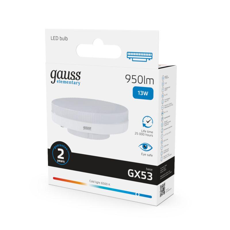 Лампа светодиодная Elementary 13Вт таблетка 6500К холод. бел. GX53 950лм GAUSS 83833 фото в каталоге от BTSprom.by