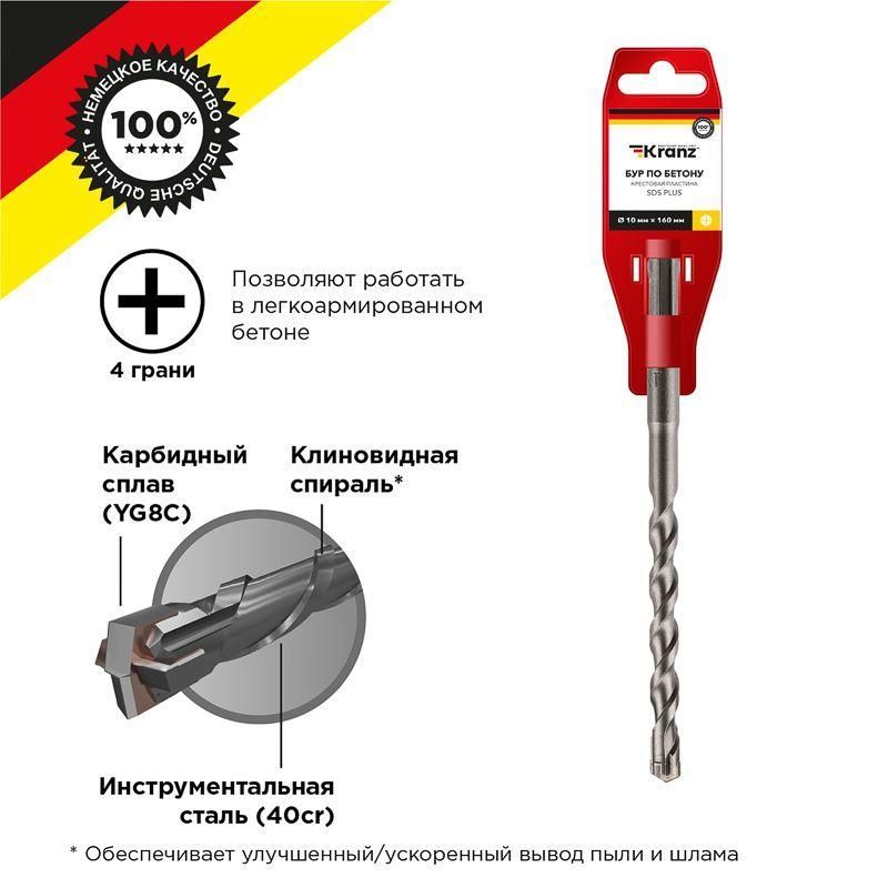 бур по бетону 10х160мм крестовая пластина sds plus kranz kr-91-0809 от BTSprom.by