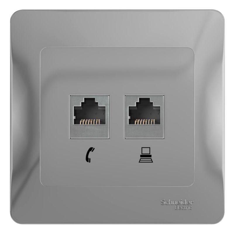 розетка компьютерная + телефонная 2-м сп glossa rj45 + rj11 кат.5e механизм алюм. se gsl000385 от BTSprom.by