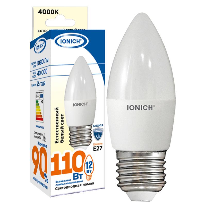 лампа светодиодная c37 12вт свеча 4000к e27 230в ionich 1910 от BTSprom.by