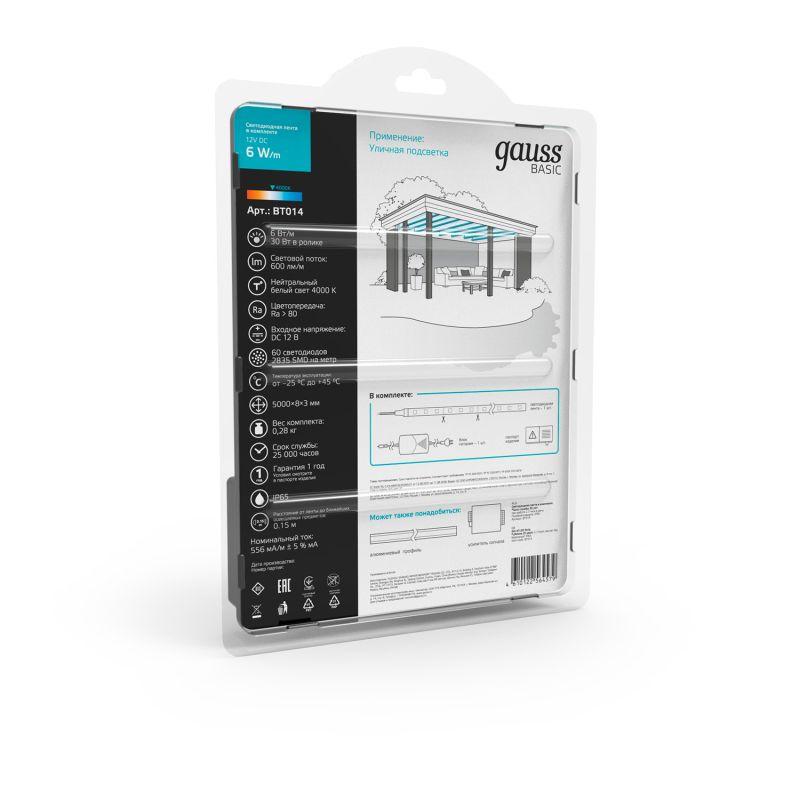  Лента светодиодная Basic 2835/60-SMD 6Вт/м 4000К нейтр. бел. IP65 600лм/м 12В 8мм драйвер (уп.5м) GAUSS BT014 фото в каталоге от BTSprom.by