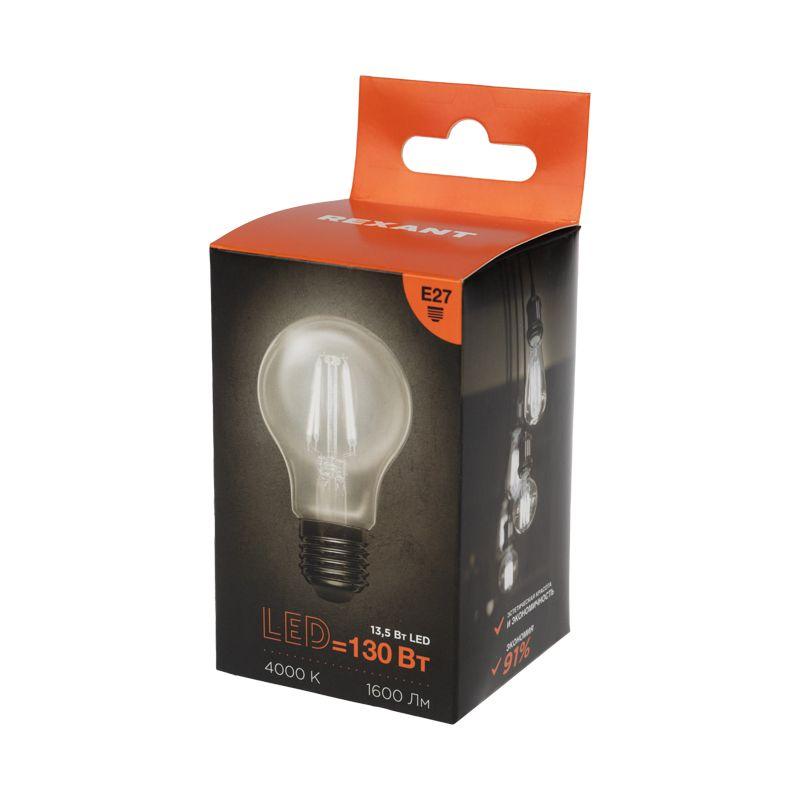 Лампа светодиодная филаментная 13.5Вт A60 грушевидная прозрачная 4000К нейтр. бел. E27 1600лм Rexant 604-082 фото в каталоге от BTSprom.by