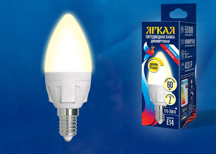 лампа светодиодная led-c37 7w/3000k/e14/fr/dim plp01wh яркая 7вт свеча матовая 3000к тепл. бел. e14 диммир. (упак. картон) uniel ul-00004296 от BTSprom.by