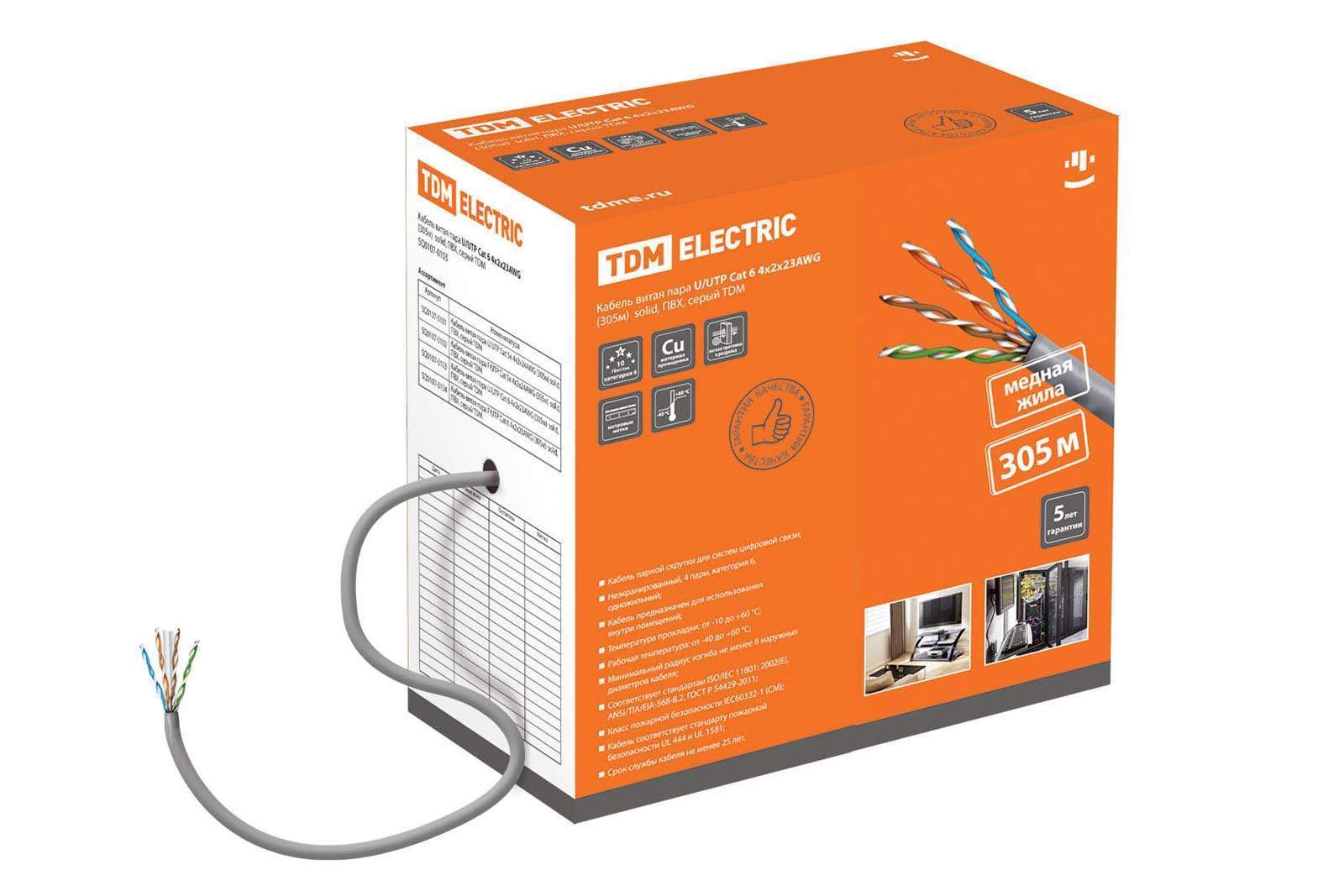 кабель витая пара u/utp cat 6 4х2х23awg (305м)  solid, пвх, серый tdm от BTSprom.by