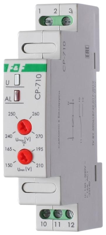 реле напряжения cp-710 (однофазный; контроль верхнего и нижнего значений напряжения; монтаж на din-рейке 35мм; 230в 16а 1p ip20) f&f ea04.009.001 от BTSprom.by