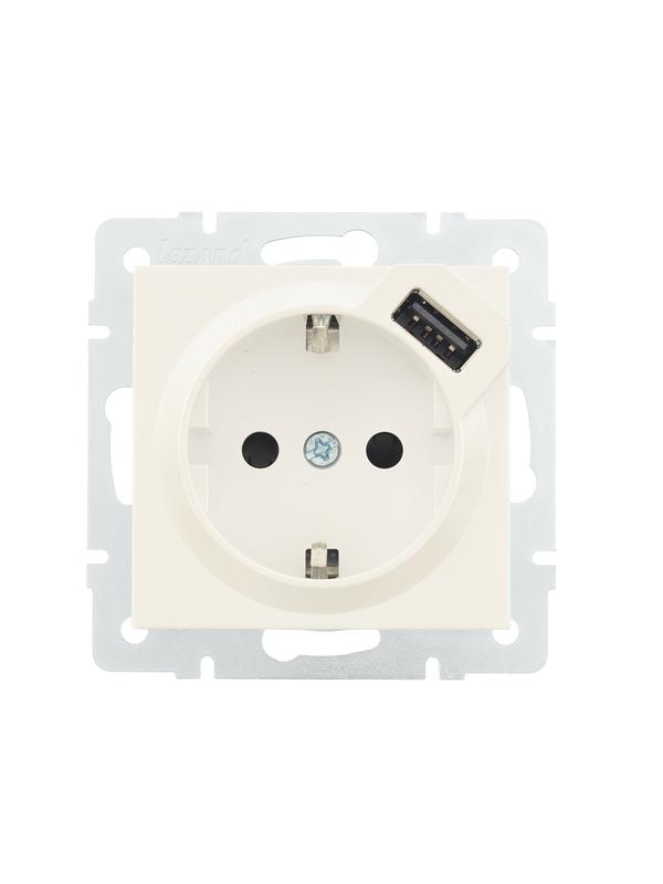  Розетка 1-м СП Vesna с заземл. с заряд. устройством USB механизм жемчуж./бел. перламутр LEZARD 742-3088-181 фото в каталоге от BTSprom.by