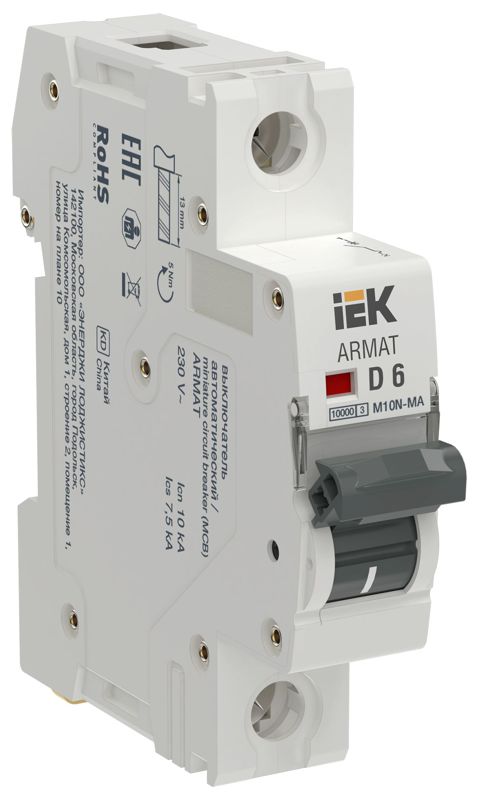 выключатель автоматический модульный 1п d 6а m10n-ma без тепл. расцеп. armat iek ar-m10n-ma-1-d006 от BTSprom.by