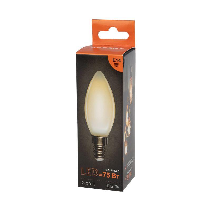 Лампа филаментная Свеча CN35 9.5Вт 915лм 2700К E14 матов. колба Rexant 604-095 фото в каталоге от BTSprom.by