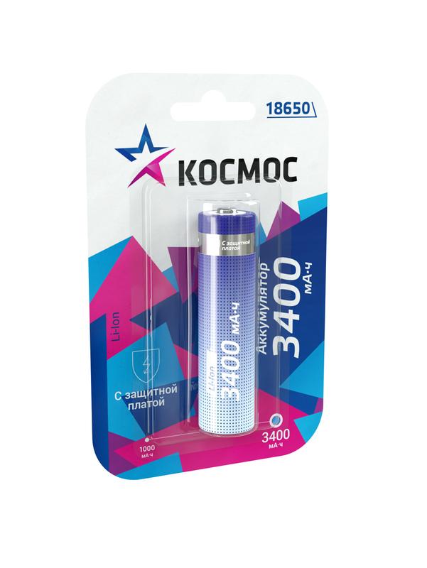 аккумулятор li-ion 18650 3400ма.ч с защитой (блист.1шт) космос koc18650li-ion34pbl1 от BTSprom.by