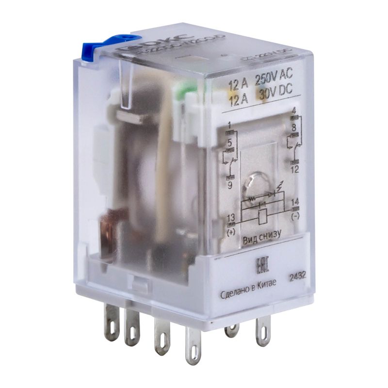 реле миниатюрное промышленное общего назначения 2co ком. ток 12а agsno2 напряжение 24в dc опция: тест-кнопка+светодиод+защитный диод dkc ir-24dc-w2co-d от BTSprom.by