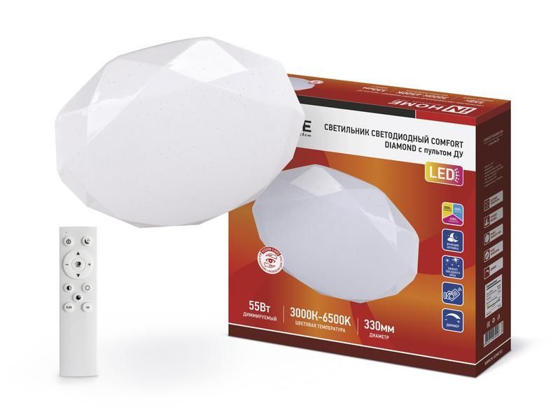 светильник светодиодный comfort diamond 55вт 3000-6500к 4400лм 230в 330х80мм с пультом ду in home 4690612035048 от BTSprom.by