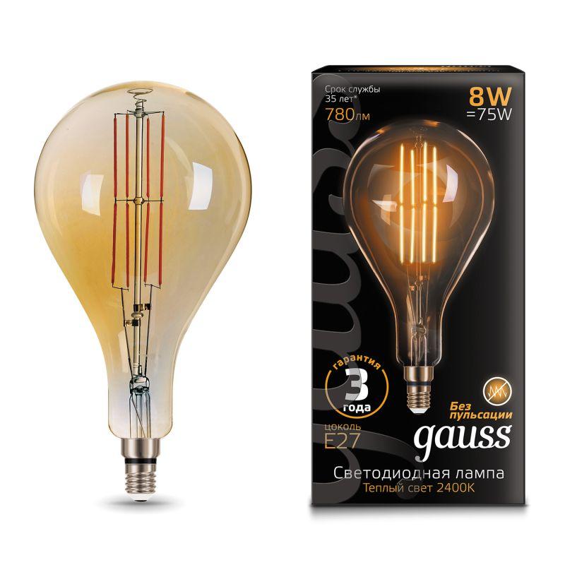лампа светодиодная филаментная black filament 8вт a160 грушевидная золотая 2400к тепл. бел. e27 780лм gauss 149802008 от BTSprom.by