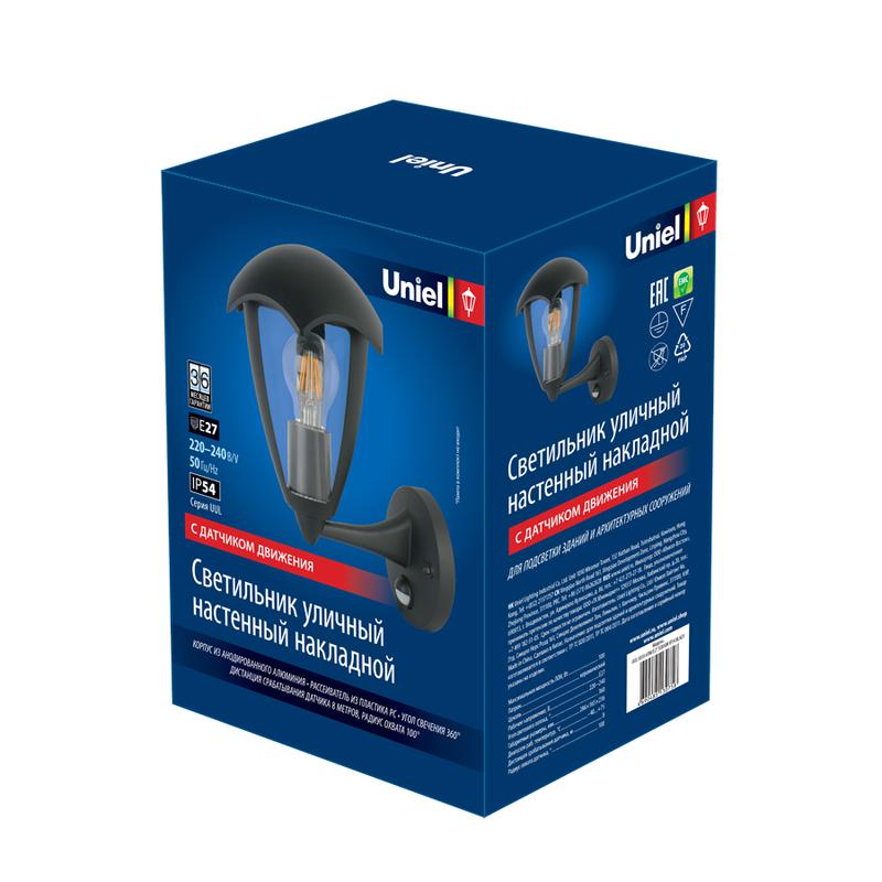 светильник светодиодный уличный uul-s81a 60w/e27 sensor ip54 black под лампу е27 с датчиком движения архитектурный накладной корпус черн. uniel ul-00006813 от BTSprom.by