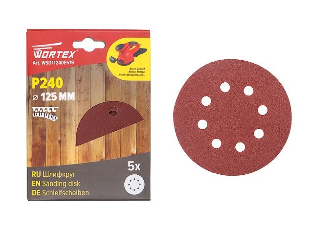 шлифлист 125мм круг р240 д/дерева самосцепл. 8 отв. 5 шт. wortex wsd11240e519 от BTSprom.by