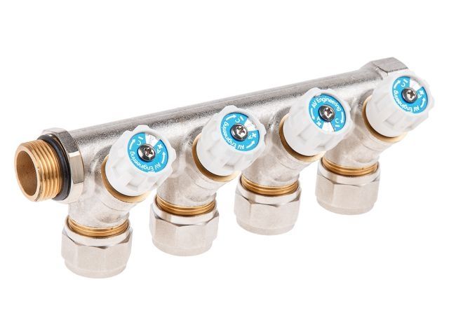 коллектор с отсекающими вентилями, 3/4" х 4 вых. (16 х 2.0), av engineering ave1132004 от BTSprom.by