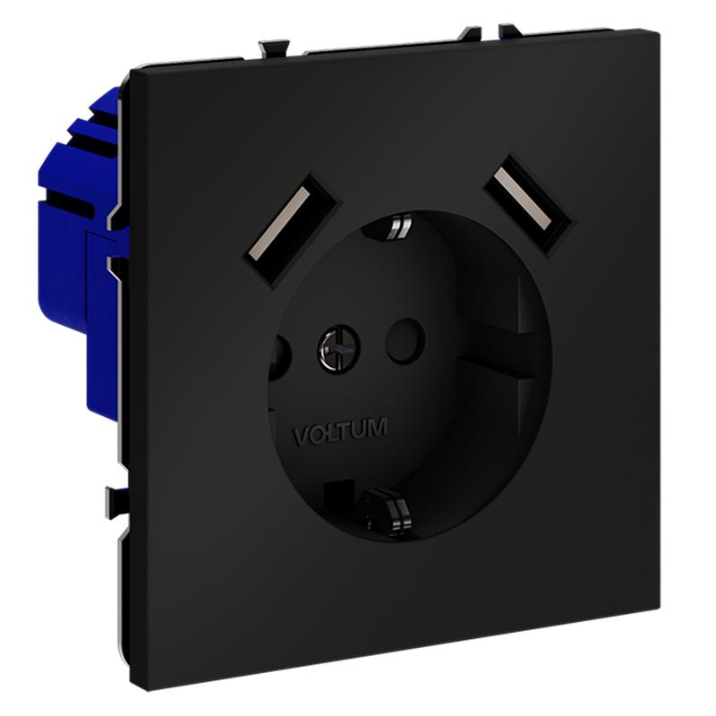  Розетка 1-м СП S70 16А с USB A+A с заземл. защ. шторки механизм черн. матов. Voltum VLS040408 фото в каталоге от BTSprom.by