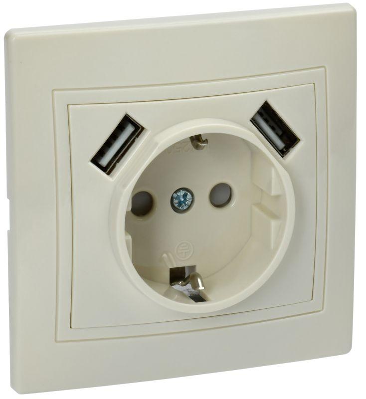 розетка 1-м сп кварта рюш10-1-ккм 16а usbх2 2.1а с заземл. крем. generica kv-r14-16-u2-k33 от BTSprom.by