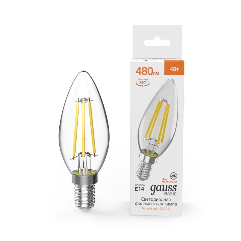 лампа светодиодная филаментная basic filament 4вт свеча 3000к e14 480лм gauss 50312142 от BTSprom.by