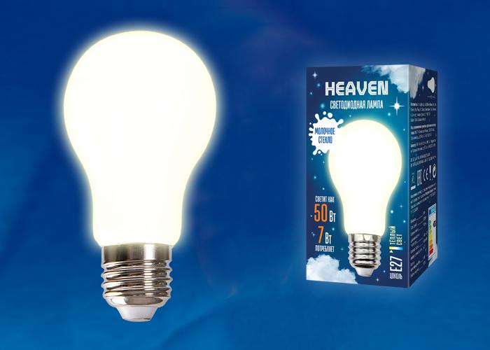 лампа светодиодная led-a60-7w/3000k/e27/fr glh01wh heaven 7вт матовая 3000к тепл. бел. e27 (упак. картон) uniel ul-00004839 от BTSprom.by