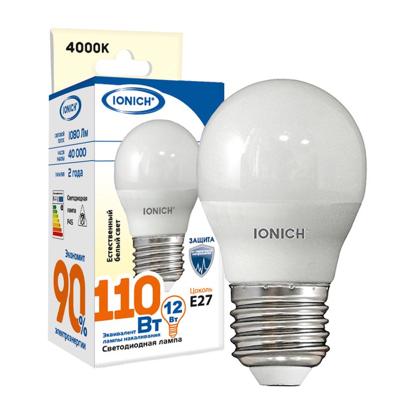 лампа светодиодная g45 12вт шар 4000к e27 1080лм 230в ionich 1814 от BTSprom.by