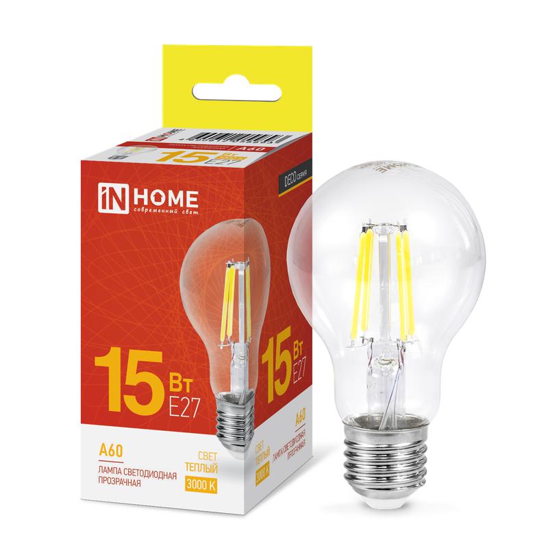 лампа светодиодная филаментная led-a60-deco грушевидная прозрачная 15вт 230в e27 3000к 1480лм in home 4690612055893 от BTSprom.by
