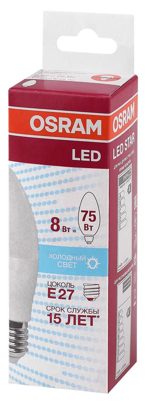 лампа светодиодная led star classic b 75 8w/840 8вт свеча матовая 4000к нейтр. бел. e27 806лм 220-240в пластик. osram 4058075210776 от BTSprom.by