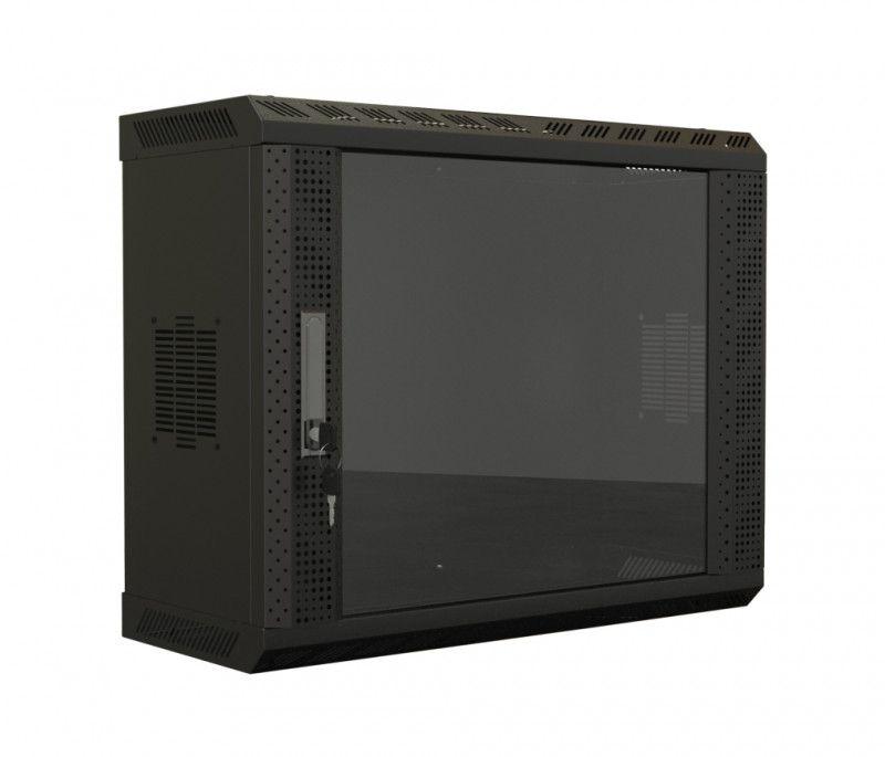 шкаф настенный (19дюйм) 12u 650х600х250 со стеклянной дверью несъемные боковые панели (ral 9004) (собранный) tws-1225-gp-ral9004 черн. hyperline 447459 от BTSprom.by