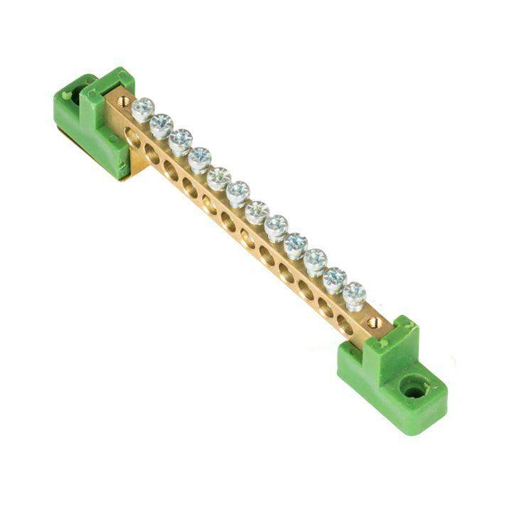 шина нулевая pe 6х9 12 отвер. латунь с контактной пластиной 2 зел. угловых изолятора proxima ekf sn0-63-12-2-pe от BTSprom.by