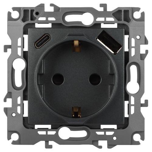 розетка эра12 12-4108-12 16а 250в 2p+e с usb type-a+c 5в-3а защ. шторки графит эра б0067700 от BTSprom.by