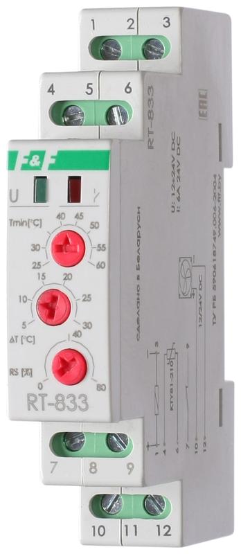 регулятор температуры rt-833 (для управления скоростью вращения вентилятора; от +25 до +60град.c выносн. датчик 1 модуль; монтаж на din-рейке 12-24в dc 8а 1 no/nc ip20) f&f ea07.001.012 от BTSprom.by