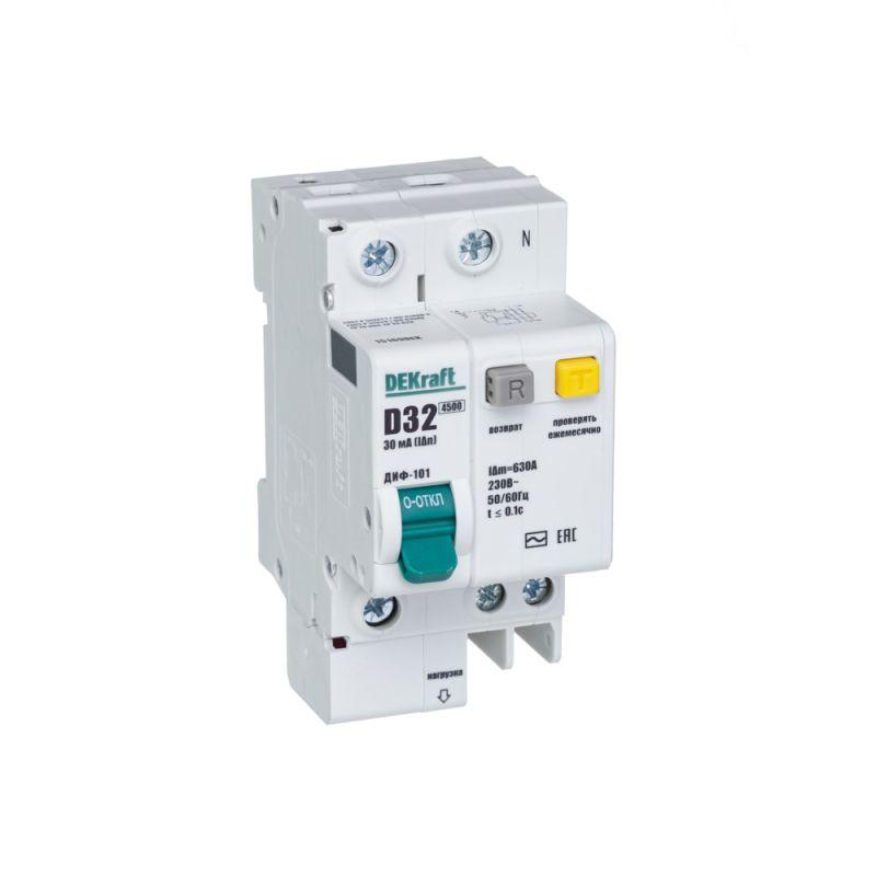 выключатель автоматический дифференциального тока 2п (1p+n) d 32а 30ма тип ac диф-101 со встроен. защит. от сверхтоков dekraft 15169dek от BTSprom.by
