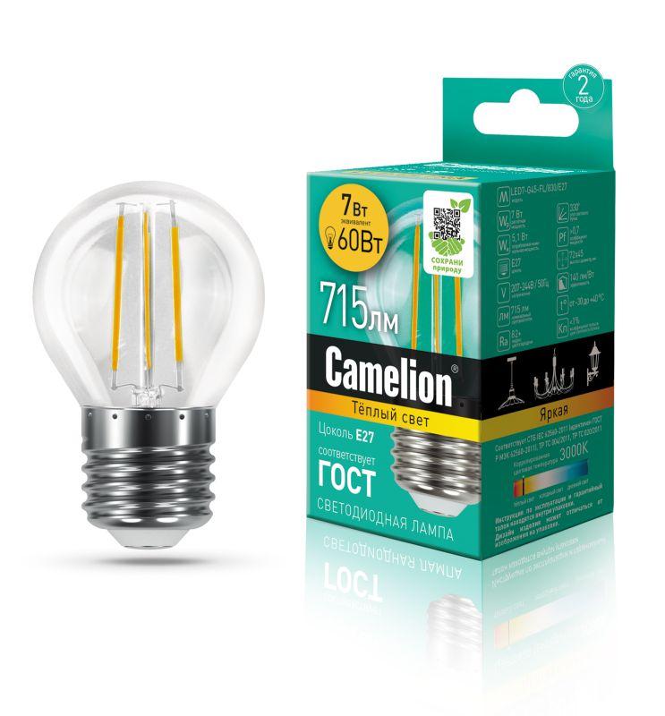 лампа светодиодная филаментная led7-g45-fl/830/e27 7вт 220в camelion 13457 от BTSprom.by