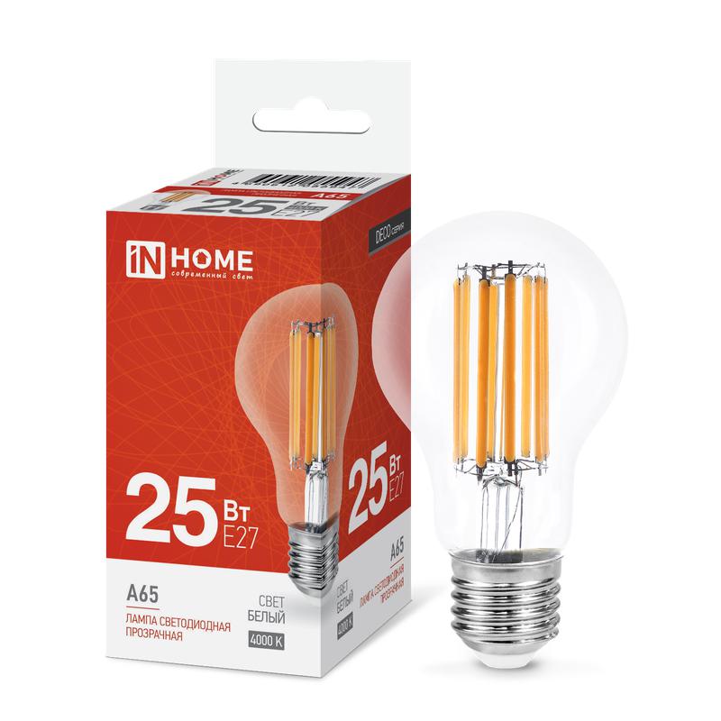 лампа светодиодная филаментная led-a65-deco грушевидная прозрачная 25вт 230в e27 4000к 2480лм in home 4690612055947 от BTSprom.by