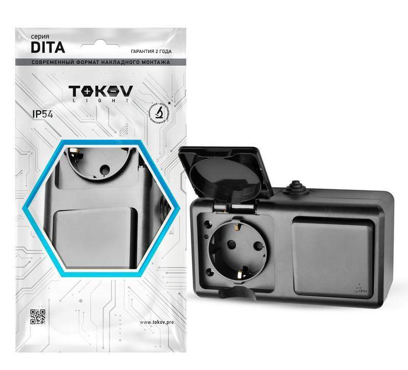 блок оп dita (розетка 16а 250в с заземл. + 1-кл. выкл. 10а) ip54 карбон tokov electric tkl-dt-v1rz-c14-ip54 от BTSprom.by