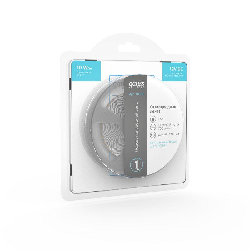  Лента светодиодная Basic 2835/120-SMD 10Вт/м 4000К нейтр. бел. IP20 700лм/м 12В 8мм (уп.3м) GAUSS BT038 фото в каталоге от BTSprom.by