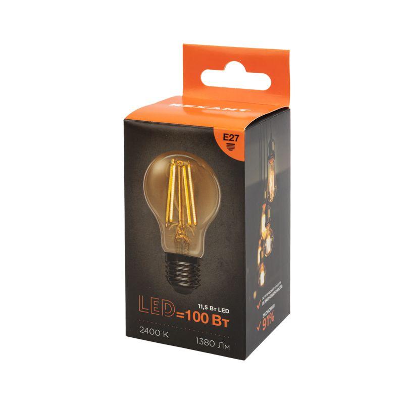 Лампа филаментная Груша A60 11.5Вт 1380лм 2400К E27 золот. колба Rexant 604-080 фото в каталоге от BTSprom.by