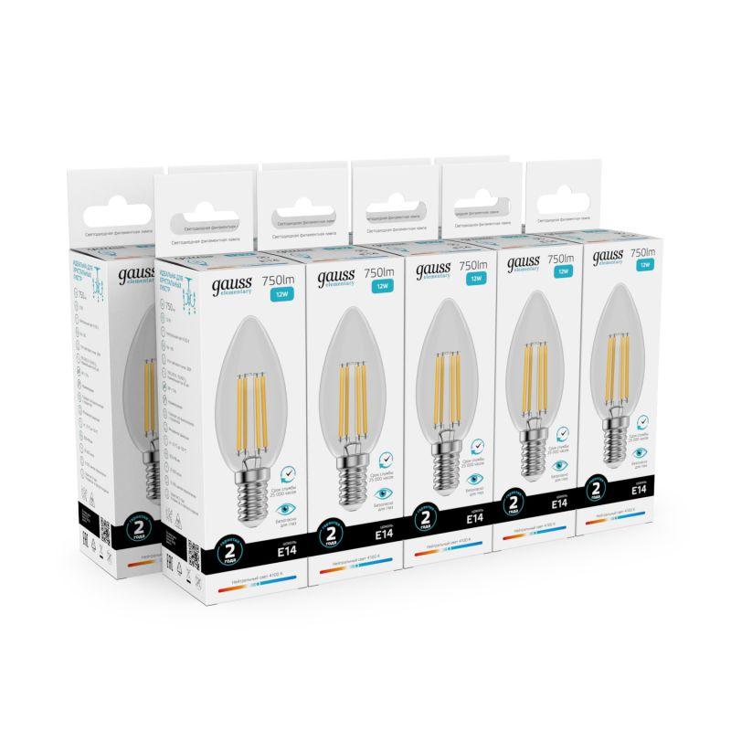 Лампа светодиодная филаментная Filament Elementary 12Вт свеча 4100К Е14 750лм GAUSS 32122 фото в каталоге от BTSprom.by