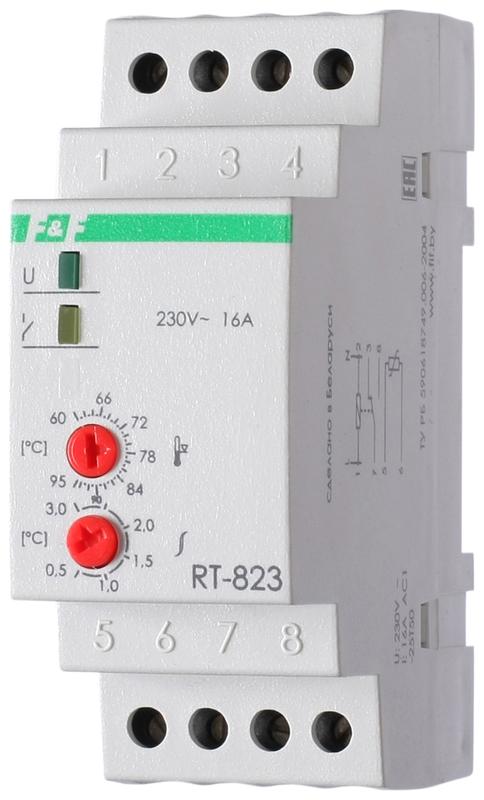 регулятор температуры rt-823 (от +60 до +95 град.c; выносной датчик с термоус. проводом; монтаж на din-рейке 35мм 50-260в 16а 1p ip20) f&f ea07.001.006 от BTSprom.by