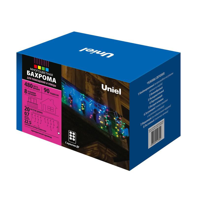 гирлянда светодиодная "бахрома" uld-b20007-480/dta/rc multi ip44 20м 480led мультиколор с пультом провод прозр. uniel ul-00008558 от BTSprom.by