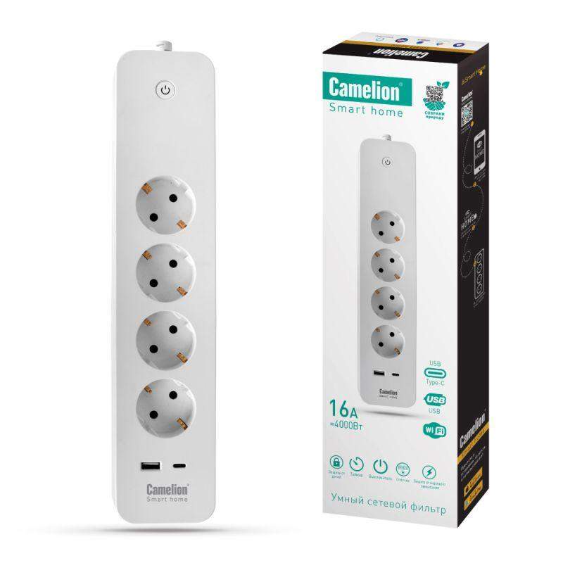 фильтр сетевой умный smart home szd/sh/4х1.5/wifi 4гн.1.5м 16а 4000в usb+type-с wifi+счетчик camelion 14800 от BTSprom.by